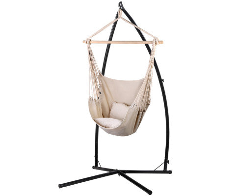 Outdoor Hammock Chair with Steel Stand Hanging Hammock with Pillow Cream