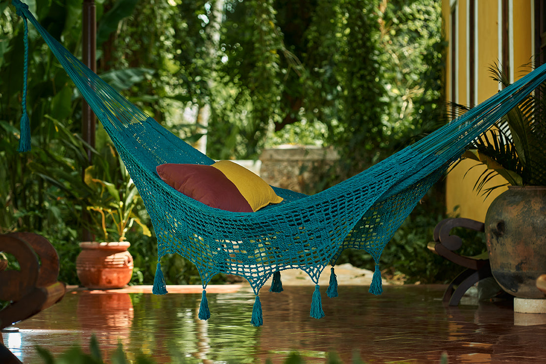 Teal Mexican tassel hammock