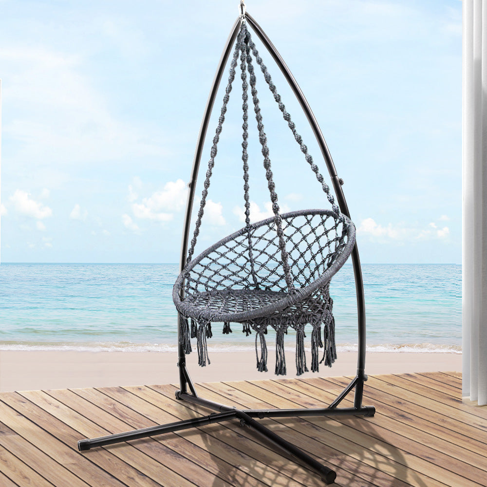 Outdoor Hammock Chair with Steel Stand Cotton Macrame 124CM - Grey