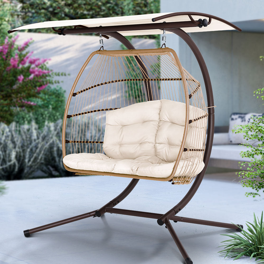 Double Hanging Pod Chair Rattan Wicker Latte