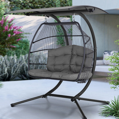 Double Hanging Pod Chair Rattan Wicker Grey