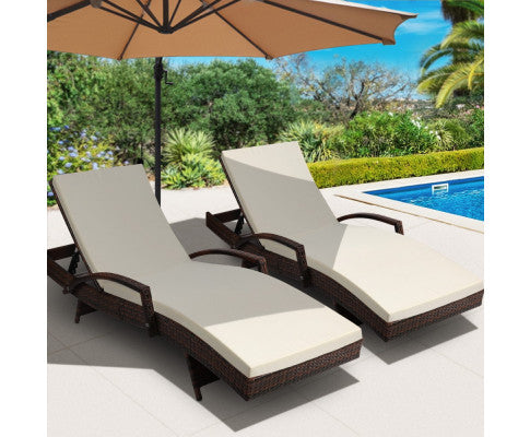 Set of 2 Sun Outdoor Sun Lounge Day Bed Rattan Wicker